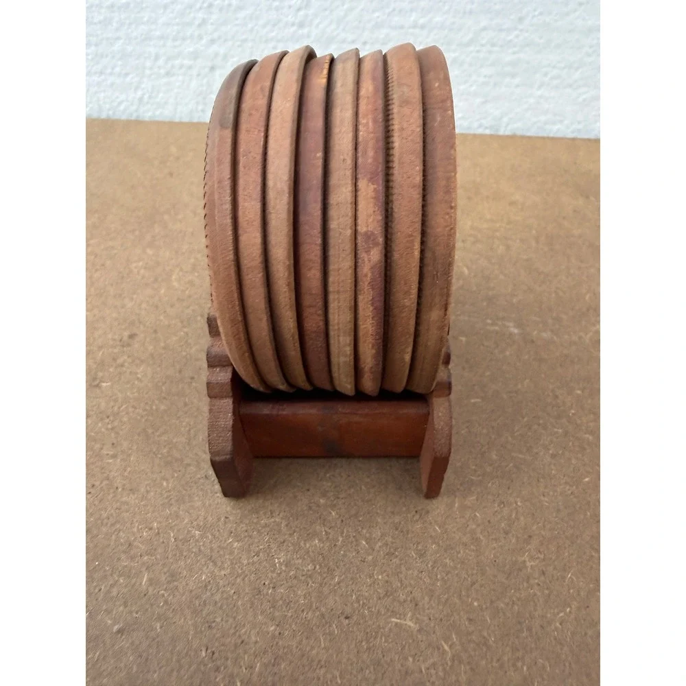 Vintage Wooden Coaster Set with Painted‎ Tulip Holder 6 Piece Rustic Folk Art
